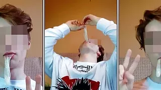 boy swallows cum from a used condom