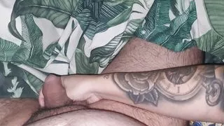 Tattooed step mom plays with step son dick while waching a movie