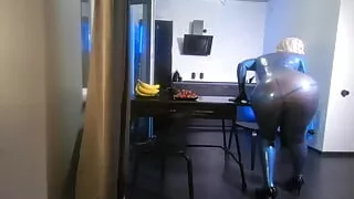 Latex Rubber Fetish Curvy MILF Woman in Blue Texturized Catsuit. Backstage From the Photoshoot.