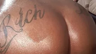 By fingering her wet pussy the busty black babe gets ready for his BBC creampie