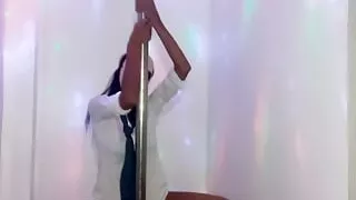 Erotic brunette decided to dance on a pole since she saw her stepbrother putting his cock into his girlfriend.