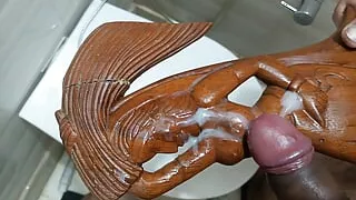 Wood sexy statue spunk on big boobs
