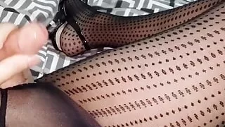 32V Black Dot Patterned Pantyhose and Red Toe Nails