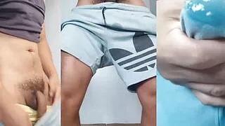 man makes creamy cumshot in shorts