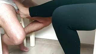 Barefoot Footjob under table and CUM! Ballbusting Femdom Foot Fetish CBT Mistress Redix