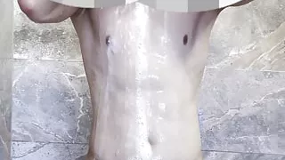 Smooth Muscle Asian Guy Showers in White Underwear then Jacks Off