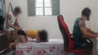 friend fucks his nerdy friend's young girlfriend behind his back while he is on the gamer