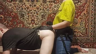 Mistress pegging her man slave doggystyle sex and he masturbation his dick