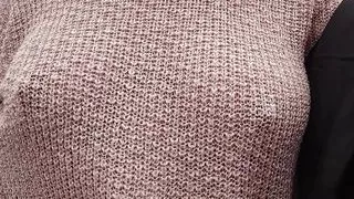 Boobwalk: Walking braless in a pink see through knitted sweater