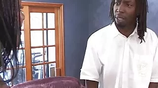 Two big booty black sluts get fucked side by side on the sofa