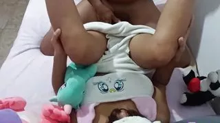 I found my sexy innocent girl playing with her stuffed animals and I convinced her to play with my cock until I came in her tigh