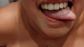 POV sloopy blowjob in public toilet till cum on hard nipples