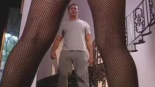 Sexy Blonde in Black Fishnet Pantyhose Gets Fucked and Facialized