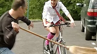 Mature guy seduces petite blonde with chocolate and his huge cock