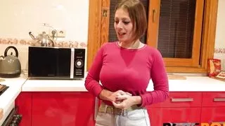 Two dudes and a BIG TITTED MOMMY! Litel Mamy is about to enjoy her very first threesome ever