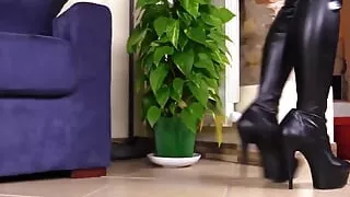 Irresistible Tessa in Sheer Black Tights and Black Thigh-High Boots