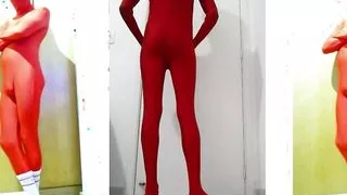 Fun At Home Wearing a Red Zentai Costume Part 2