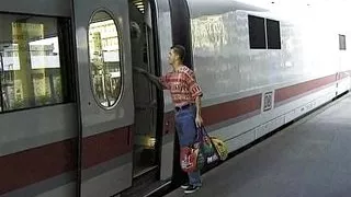 Hot German blonde with amazing round tits gets to please a dude on a train