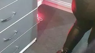 Step mom in leather pants into step son room while his naked