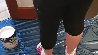 Step son behind step mom pulled out dick while she paint the door