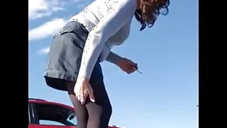 Cd. My 1st time outdoors. Porch car field mall and home. Lotion and cum finish. Nylon pantyhose  tights Leotard miniskirt.
