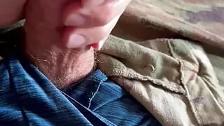 Jerking off wearing my uniform after rubbing my cock in sarge's Vaseline container