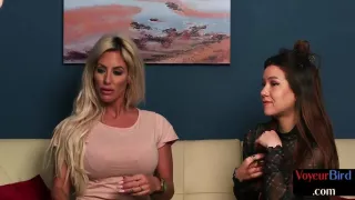 Voyeur busty MILF and tattooed 21yo tease jerker who wanks