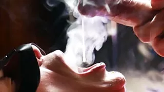 I filled Cat-Woman's mouth with cum while she was smoking! Close up slow-mo!