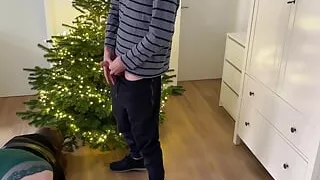 Mother-in-law bent over the Christmas tree doggy style and got hot cum on her ass