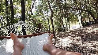 Naked in the Park in the Hammock He Touches My Cock Until I Cum with People Passing Around - Misscreamy