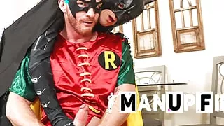 Horny batman Andy Adler wanks Brody Fox's cock on ManUpFilms