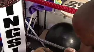 Black boxer helps chunky blonde work off some calories with vigorous sex
