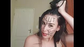 Dirty talking slut degrading herself, body writing