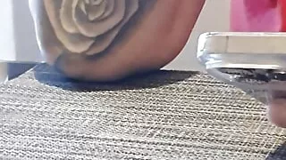 Step mom hand slip under step son jeans touching and handjob his dick in dinning room