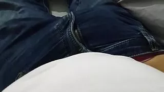 Slutty Maid caught handjob step son under blue jeans