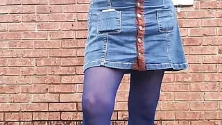Crossdress outdoors, feeling myself all over in nylon pantyhose and  miniskirt.