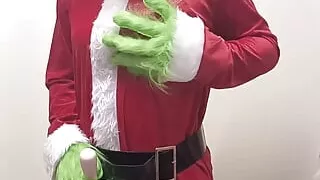 Christmas Grinch cosplay vibrates orgasm until moanibg loudly