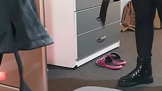 Step mom in sexy tights try in new leather jacket in front of step son