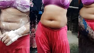 Desi village girl shower scene in open bathroom. Bangla porn video of desi stunning girl akhi