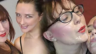 Eager cock sucking and deepthroating brunette duo