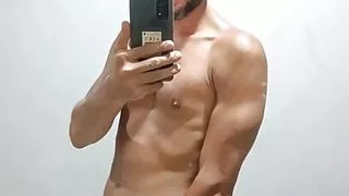 Horny masturbation in front of the mirror with thick cuming