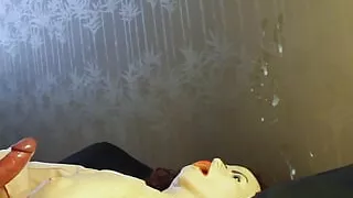 Huge Cumshot flying over the sexdoll hitting the wall instead!
