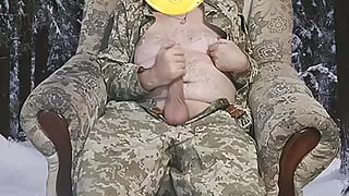 Ukrainian soldier jerks off in the winter forest. Big cock!