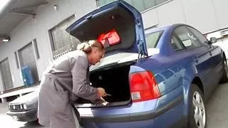 German slut gets her pierced fucked on a parking lot