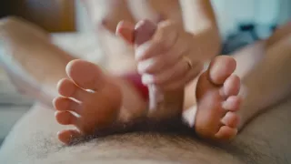 She Noticed He Had A Boner & Took Care Of It Until He Covered Her Hands & Feet In Cum