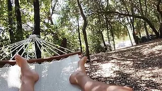 Naked in the Park in the Hammock He Touches My Cock Until I Cum with People Passing Around - Misscreamy