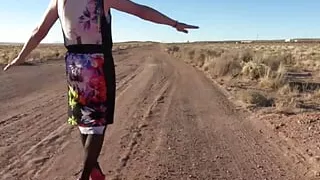 Mrs Samantha dances to the Eagles song Hotel California, in the desert near Winslow Arizona