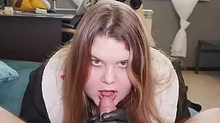 Mistress BBW Vamp in Leather Gloves Does Hanjob with Elements of Blowjob