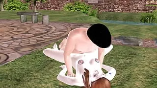 A Cute girl having sex with a man in garden at machinery position and got multiple orgasm - Animated porn video