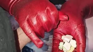 a huge load of cum covers the gummy candies. she enjoys it and eats them with pleasure. this is such a freaking good combination